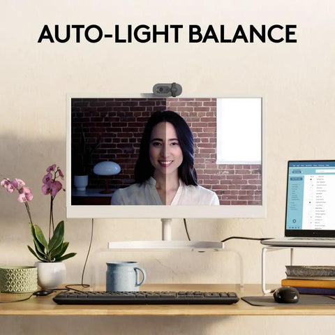 Straight Fire Full HD Webcam Crushing Every Video Conference And Livestream With Crystal Clear 1080p Quality Thirty Frames Per Second And A Durable Desk Mount Clip, showing a woman on computer screen with natural light.