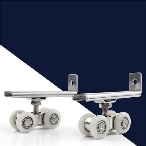 Rock Solid 4 Pack Zinc Alloy Sliding Door Rollers Heavy Duty Double Wheel Pulleys with brackets for smooth operation.