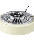 Magnetic powder brake clutch, front view; silver cooling fins, beige housing, central bore, wired connection.