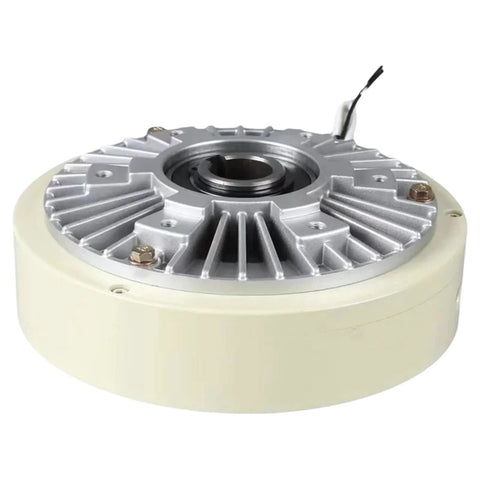 Front view of magnetic powder brake clutch with aluminum cooling fins and cream-colored housing, central shaft bore.