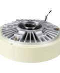 Front view of a round magnetic powder brake clutch with aluminum cooling fins and beige housing.