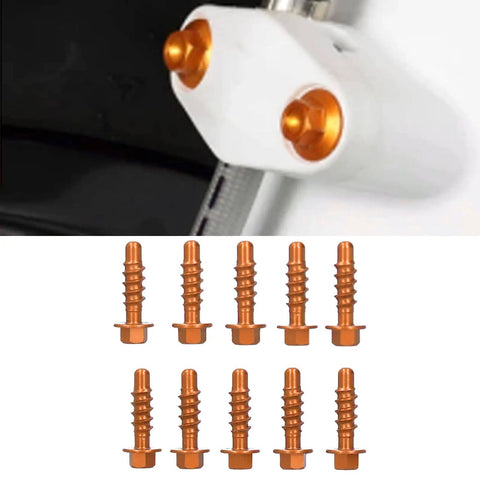 Anodized Aluminum Self Tapping Screws Kit, 10 Pieces, orange, installed on motorcycle, visible in close-up view.