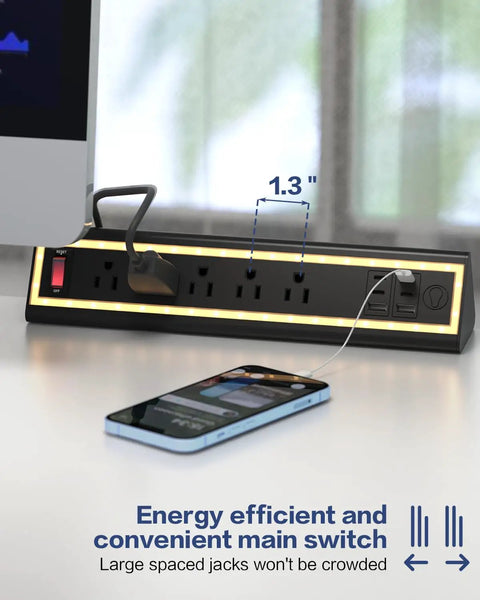 Space Saving Desk Clamp Power Strip With Night Light, 40W Fast Charging, 6ft Cord, displaying USB and AC outlets on desk