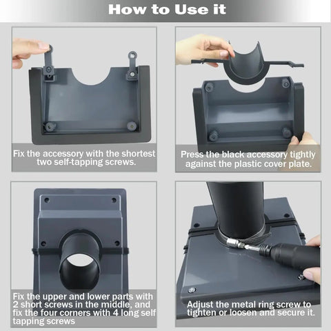 Slick Grey AC Line Set Cover Kit For Interior Walls showing step-by-step installation instructions for HVAC conduit shield.