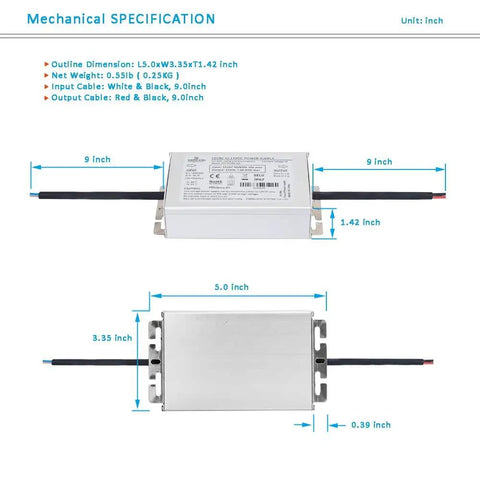 Mechanical dimensions of IP67 waterproof 12V AC to 12V DC converter rectifier module for LED landscape lighting.