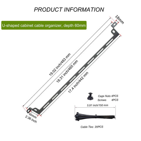 U-shaped 60mm deep heavy-duty rack lacing bar dimensions, part of Heavy-Duty 0.5U Server Rack Cable Lacing U-Bar set.