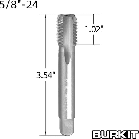 5/8-24 UNEF Tap And Die Set For Right Hand Threads, silver machine tap with measurements 3.54" long and 1.02" wide