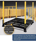 Heavy Duty Steel Pallet Rack Built Rock Solid For Warehouses Stackable Industrial Storage Frame With Folding Guardrails showing non-slip plate base.