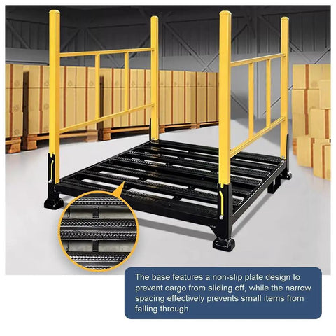 Heavy Duty Steel Pallet Rack Built Rock Solid For Warehouses Stackable Industrial Storage Frame With Folding Guardrails showing non-slip plate base.