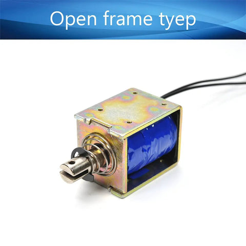 12V 60N Push Pull Solenoid Electromagnet With 10mm Stroke Open Frame Linear Actuator For Precise Mechanical Projects, Beefy 3A Current, Compact 37x41x51mm Frame, JF-1250B-12V open-frame solenoid with blue coil and spring plunger