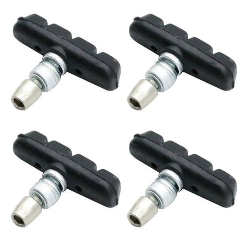 Four durable rubber pads for quiet long lasting braking; Two Pairs V Brake Pads With Hex Nuts And Wrench For Mountain Bike Road Bike MTB And BMX Durable Rubber Pads For Quiet Long Lasting Braking Performance.
