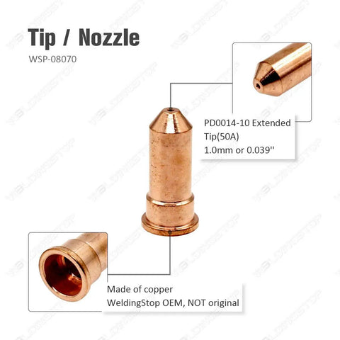 Copper PD0014-10 extended tip for plasma cutter, 1.0mm size, part of Extended Plasma Cutter Consumables Kit For Versa Cut 40 Amp Torch