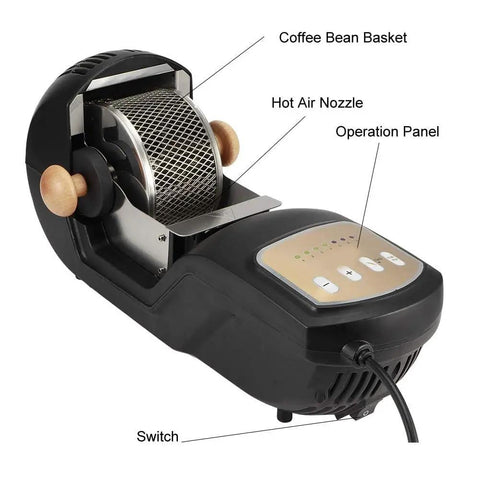 Straight To Fresh Results Using This Fully Automated Electric Coffee Bean Roaster With A Heavy Duty 1600W Motor And Durable Steel Drum To Whip Up Your Daily Grinds Around The House Without Hassle - coffee bean basket and hot air nozzle