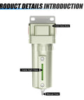 Slick 3/4 Inch NPT Aluminum Air Compressor Moisture Filter With Desiccant Drying System And 5 Micron Cartridge, featuring solid valve body and visible sight glass.