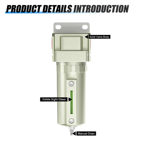 Slick 3/4 Inch NPT Aluminum Air Compressor Moisture Filter With Desiccant Drying System And 5 Micron Cartridge, featuring solid valve body and visible sight glass.