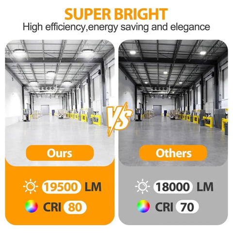 Comparison of lighting with Led High Bay Light 150W UFO Fixture with 19500 lumens and competitor with 18000 lumens in warehouse