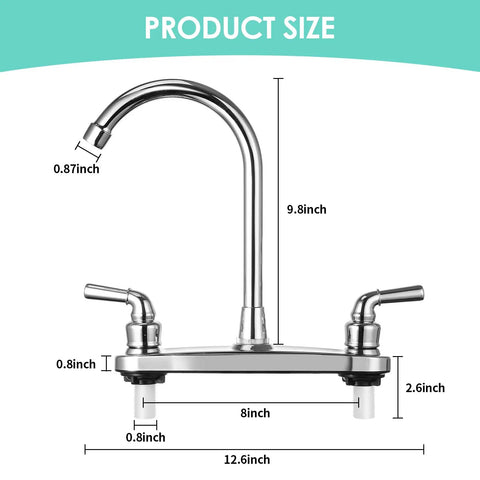 Heavy Duty Rv Kitchen Faucet With Chrome Finish And Abs Body Built Tough Offers Two Levers Plus Eight Inch Base showing dimensions 9.8 inch height, 12.6 inch width.