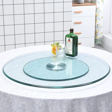 Tempered Glass Lazy Susan Turntable For Dining Table Go To Rotating Serving Tray 39 Inch Centerpiece Transparent Glass Plate on table