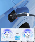 J1772 To NACS EV Charging Adapter For Tesla Chargers, 80 Amp 250 Volt connected to blue vehicle with charging status