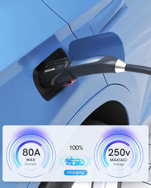 J1772 To NACS EV Charging Adapter For Tesla Chargers, 80 Amp 250 Volt connected to blue vehicle with charging status