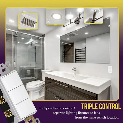 Triple Paddle Rocker Decorator Switch With Ground Terminal And Clamp-Type Back Wiring Copper Contacts Single Pole Residential Grade 15A 120V To 277V White in bathroom