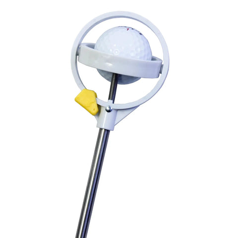 Compact Stainless Steel Golf Ball Retriever With 10-Foot Length And 14-Foot Reach, patented spring-release head detail.