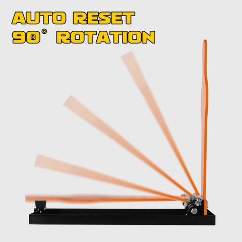 Durable 28 Inch AR500 Auto Reset Popper Target for pistol and rifle shooting showing 90-degree rotation mechanism in orange finish.