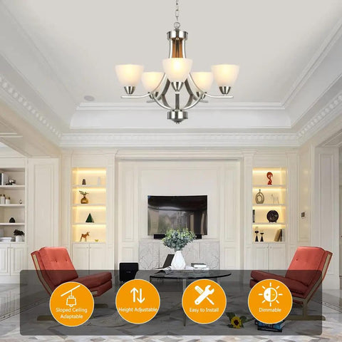 5-Light Dope Modern Chandelier With Alabaster Glass Shades In Brushed Nickel Finish Contemporary Candle Style Dining Room Light Fixture For Living Room Bedroom And Bathroom hanging in living room