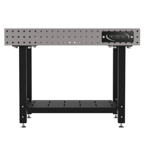 Heavy Duty Welding Fixture Table, 48X30 Inch Precision Workshop Workbench with black adjustable levelers and storage shelf.