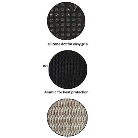 Material layers of Heavy Duty BBQ Cooking Gloves For Outdoor Grilling And Camping, showing silicone grip, aramid, and soft lining.