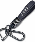 Premium Genuine Leather Keychain On Point Style Real Deal Fit For Jeep Wrangler Compass Cherokee Renegade Patriot Grand Commander Zinc Alloy Keyring Lanyard Everyday Carry Gift Black Sharp, showing horseshoe clip and branding.