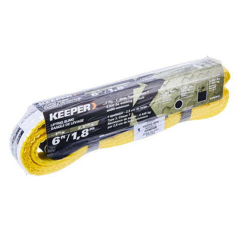 6 Ft By 1 In Lift Sling One Ply With Black Wear Guard Ends, 1600 Lb Vertical WSTDA Rating, packaged yellow sling