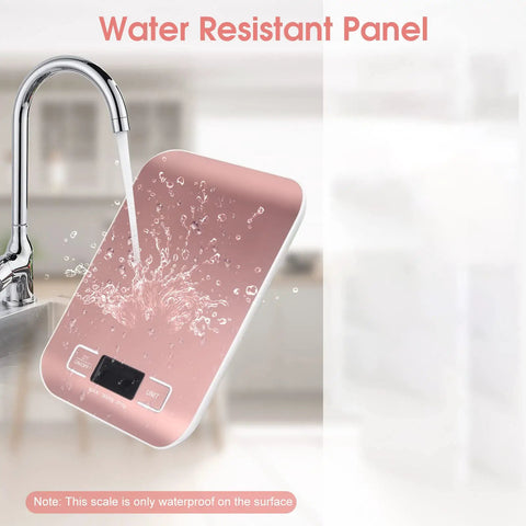 Digital Shipping Scale With Stainless Steel Panel showing water resistant feature in a kitchen setting, 5kg by 1g precision.