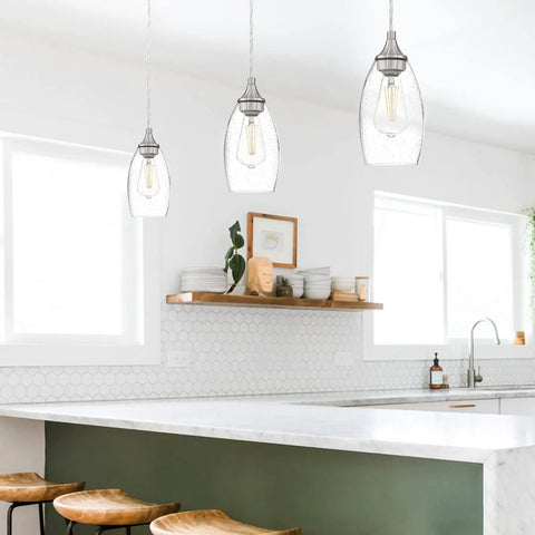 One Light Indoor Mini Hanging Pendant Lamps Set For Kitchen Island And Bar Handcrafted Glass Chandelier Shades In Seeded Clear Glass With Black Brushed Nickel Finish Perfect For Dining Room Breakfast Bar And Countertop Setup 3 Pack