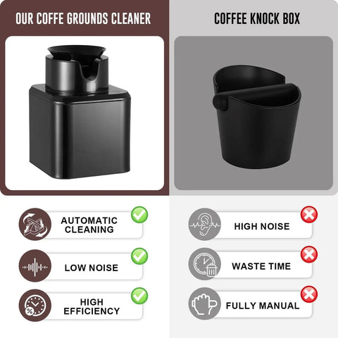 Premium Handle Sensor For Coffee Knock Box Featuring Intelligent Anti Touch Shield and Lightning Fast Single Tap Empty, showing automatic coffee grounds cleaner.