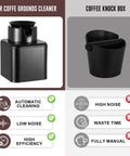 Slick Embedded Black Coffee Knock Box With Detachable Liner For Quick Puck Dumping And One Hand Cleanup, features automatic cleaning system.
