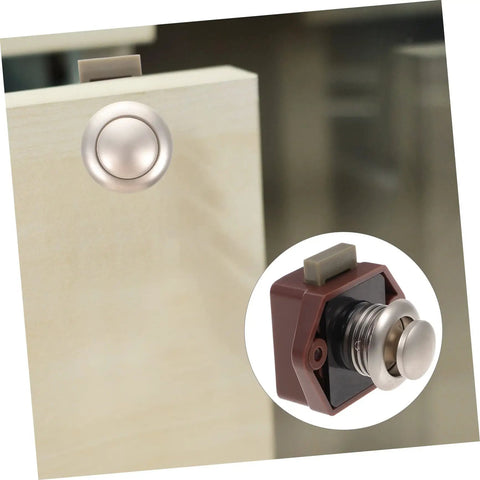 Keyless Push Button Door Latch Lock for RV Cabinets and Drawers, low profile silver button on wood, showcasing heavy-duty zinc alloy design.