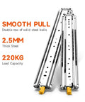Heavy Duty Full Extension Drawer Slides Pair Bully Tough Ball Bearing Side Mount Guides with 220 kg load capacity and steel construction.