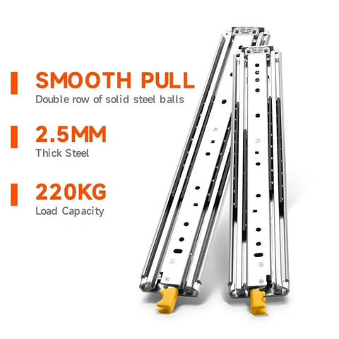 Heavy Duty Full Extension Drawer Slides Pair Bully Tough Ball Bearing Side Mount Guides with 220 kg load capacity and steel construction.