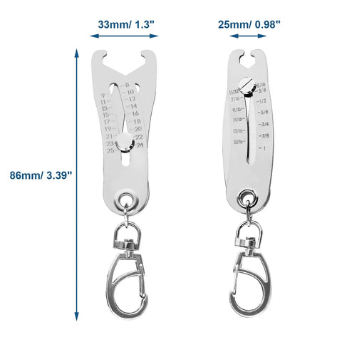 Bolt Size Finder Tool Keychain Gauge For DIY Mechanics Portable Stainless Steel Bolt And Nut Thread Size Checker Measures 5/16 To 1 Inch And 8 MM To 25 MM For Quick Fitment Checks showing front and side view with dimensions.