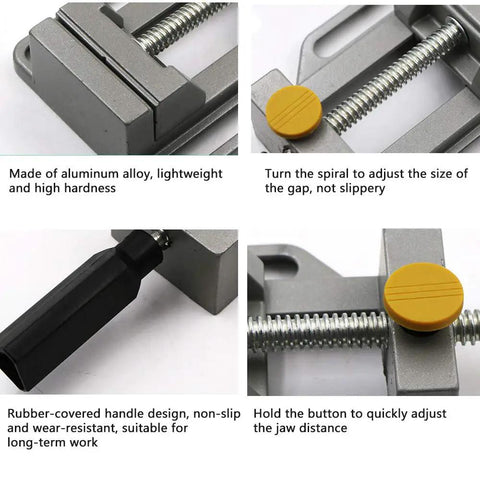 Mini Vise Clamp For Drill Press And Bench Projects With Quick Release Jaws Aluminum Alloy 3 Inch Capacity Multi Function Bench Vice Built Tough With Gold Plated Screws, close-up of jaws and handle