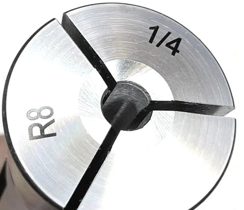 Close-up of R8 Round Collet Set 13 Piece Pro Grade Hardened And Precision Ground, 1/4 size with internal thread.
