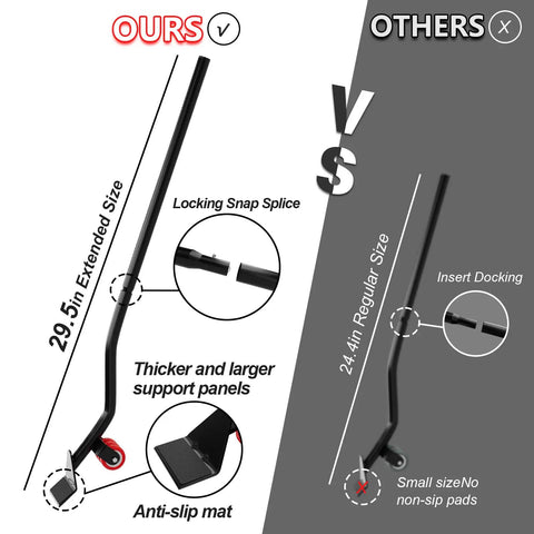 Comparison of furniture dolly features; highlighting locking snap splice, anti-slip mat, and extended size for moving ease.