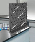 Heavy Duty Lab Glassware Drying Rack With Fifty Two Adjustable Pegboard Columns And Thirty Three Pound Load Built Tough For Countertop Or Wall Mount, gray with test tubes.
