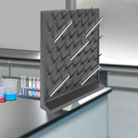 Heavy Duty Lab Glassware Drying Rack With Fifty Two Adjustable Pegboard Columns And Thirty Three Pound Load Built Tough For Countertop Or Wall Mount, gray with test tubes.