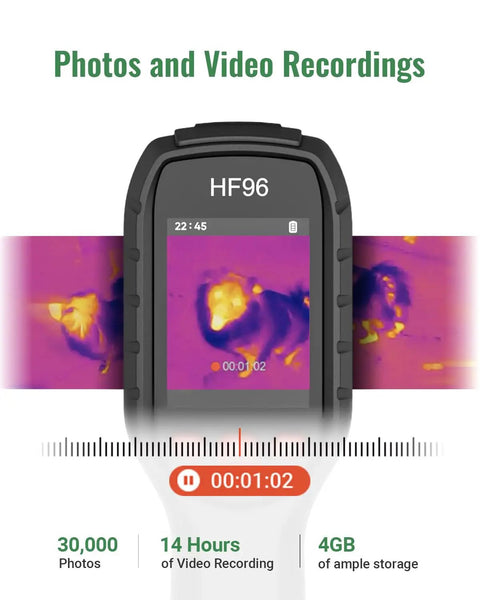 Thermal Imaging Camera With Laser Pointer And IntellFault Scene Detection for fast scans showing display and photo recording features.