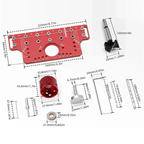 Top Tier 2 In 1 Shelf Pin And Cabinet Hinge Jig Kit Crafted From Solid Aluminum With Four Hardened Steel Drill Bits for precise hole placement.