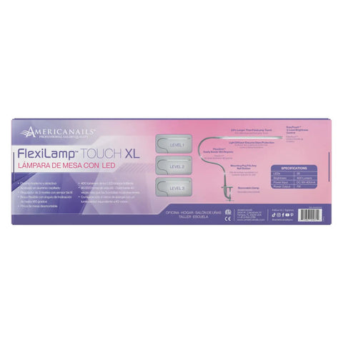 Box packaging of FlexiLamp Touch XL LED Nail Desk Lamp With Removable Clamp Ultra Adjustable Nail Station Lighting