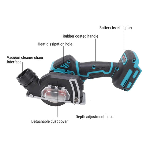 800W Compact Cordless Circular Saw With Brushless Motor, 3-Inch Blade, 19,000 RPM, On-Site Pro-Grade Cutting Tool For Welders And Pros, Cuts Metal Wood Stone Plastic, Lightweight And Efficient, Keeps Worksite Clean, side view with dust cover and handle