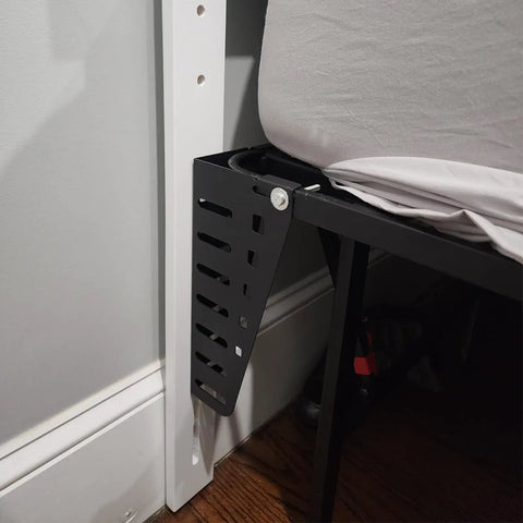 Heavy Duty Headboard Brackets For Metal Bed Frame With Adjustable Multi Slot Design and Secure Mounting Hardware showing attachment on bed frame.